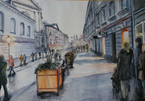 Město, Krakow, Kraków, soumrak, ulice, akvarel, waterpainting